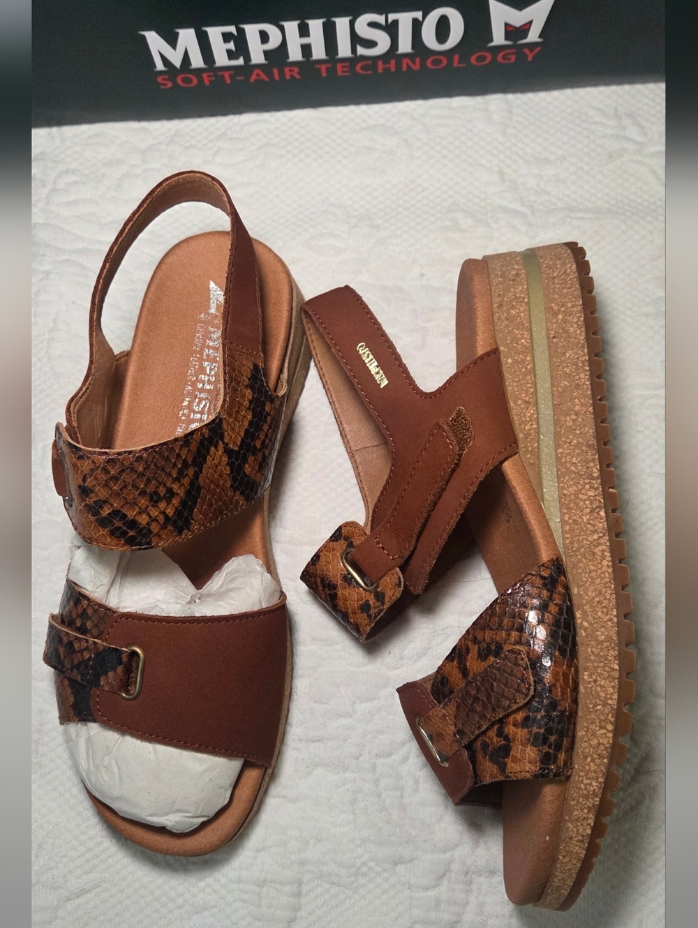 Mephisto JADE (BRAND NEW) Women’s Brown Snake-Print Platform Sandals